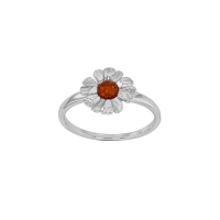 Bague fleur ornée d'une ambre cognac, argent 925/1000 rhodié