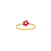 Bague fleur ornée de 5 Rubis et 9 diamants 0,07ct GVS, Or 750/1000