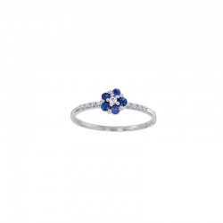 Bague fleur ornée de 5 Saphirs et 9 diamants 0,07ct GVS, Or blanc 750/1000