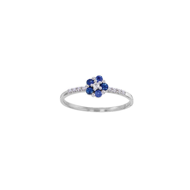 Bague fleur ornée de 5 Saphirs et 9 diamants 0,07ct GVS, Or blanc 750/1000