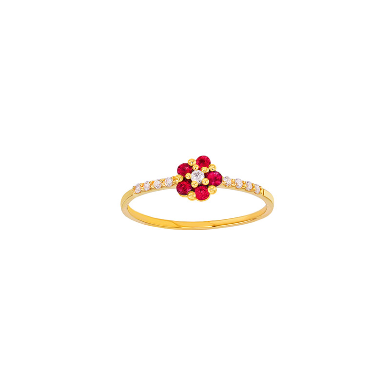 Bague fleur ornée de 5 Saphirs et 9 diamants 0,07ct GVS, Or blanc 750/1000