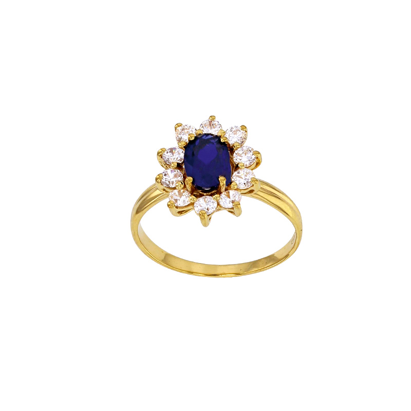 Bague fleur ornée d’un saphir synthétique central et sertie d’oxydes blancs, Or 375/1000