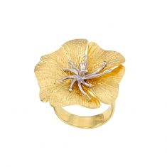 Bague fleur pistil martelée en argent 925/1000 doré et argent 925/1000 rhodié