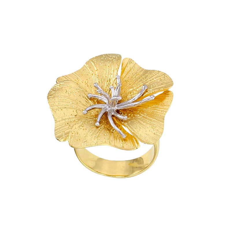 Bague fleur pistil martelée en argent 925/1000 doré et argent 925/1000 rhodié