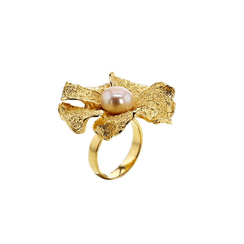 Bague fleur réglable ornée d'une perle de culture d'eau douce, argent 925/1000 doré