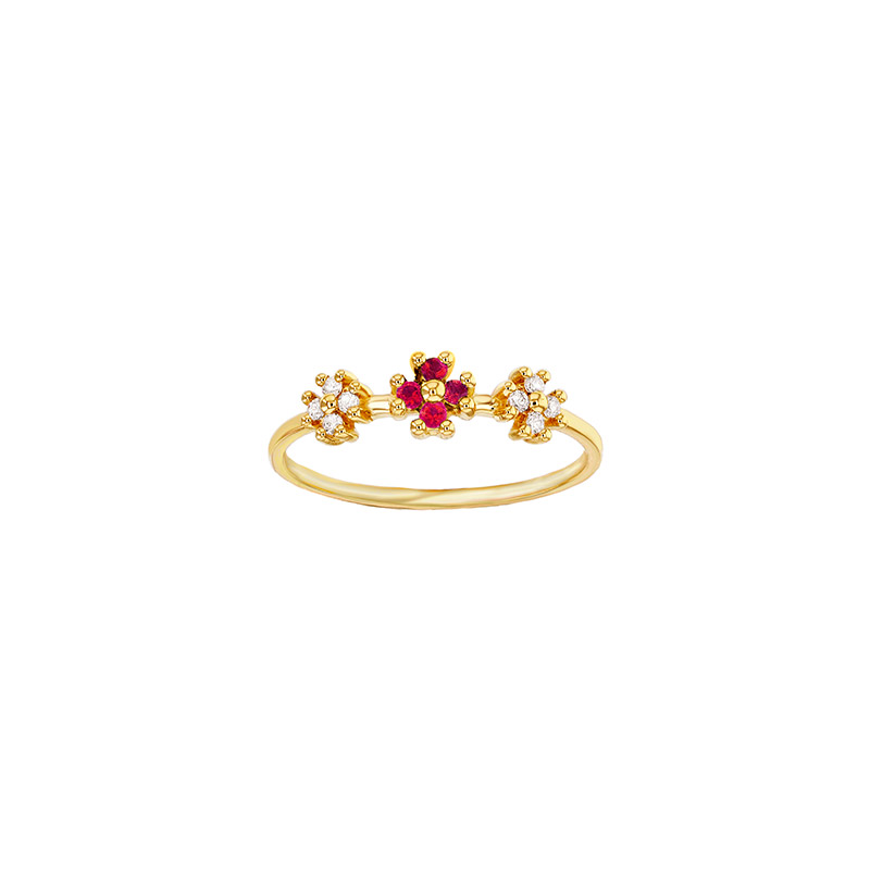 Bague 3 fleurs 4 Émeraudes 1,5mm et 8 diamants 0,10ct GVS, Or 750/1000