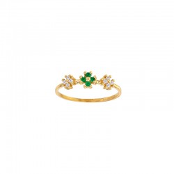 Bague 3 fleurs 4 Émeraudes 1,5mm et 8 diamants 0,10ct GVS, Or 750/1000