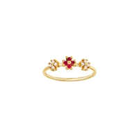 Bague 3 fleurs 4 Rubis 1,5mm et 8 diamants 0,10ct GVS, Or 750/1000