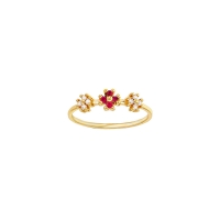 Bague 3 fleurs 4 Rubis 1,5mm et 8 diamants 0,10ct GVS, Or 750/1000