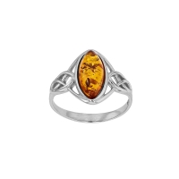 Bague forme amande allongée et ajourée ambre cognac, argent 925/1000 rhodié