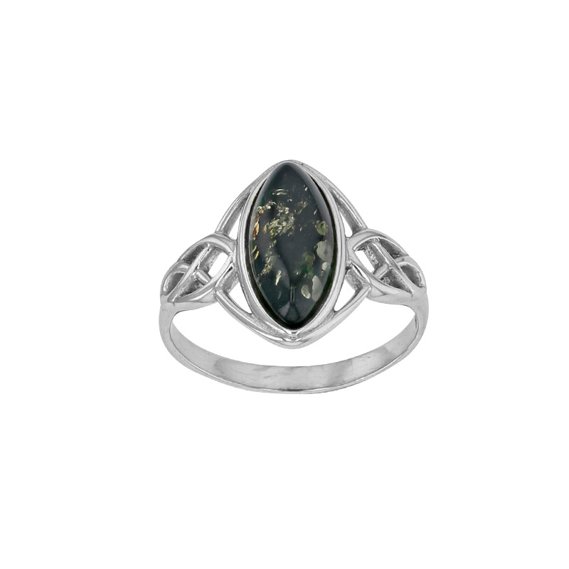 Bague forme amande allongée et ajourée ambre verte, argent 925/1000 rhodié