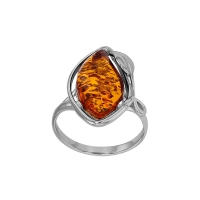 Bague forme amande ambre cognac, argent 925/1000 rhodié