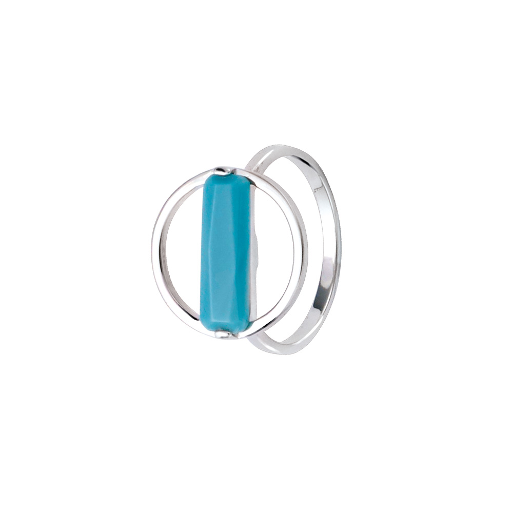 Bague forme cercle en argent 925/1000 rhodié avec pierre synthétique turquoise