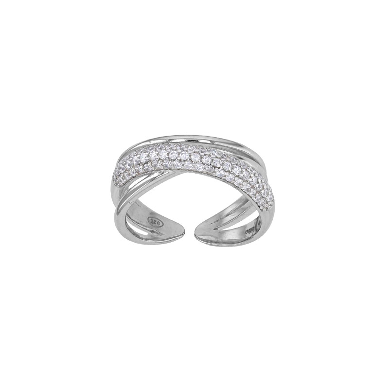 Bague forme croisée lisse et pavée d'oxydes, argent 925/1000 rhodié