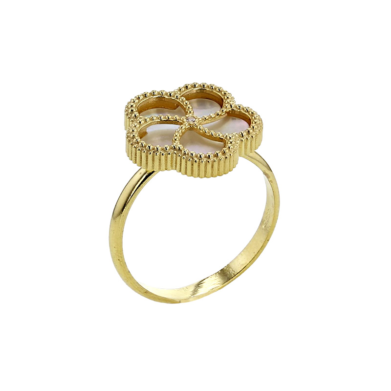 Bague forme fleur orné de nacre et cristal en argent 925/1000 doré