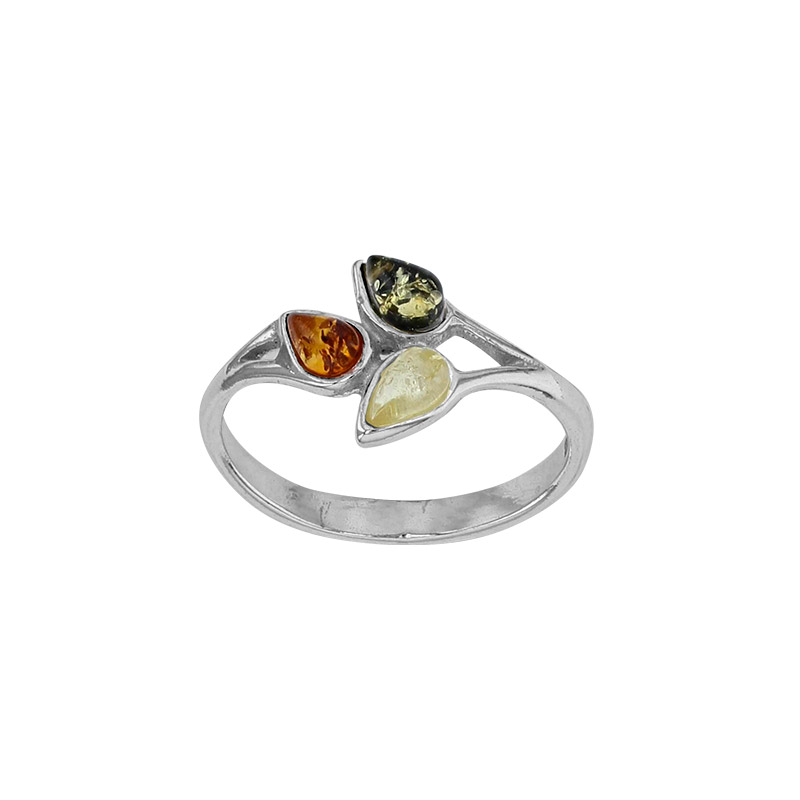Bague forme goutte ambre cognac, gris et miel en argent 925/1000 rhodié