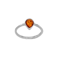 Bague forme goutte, ambre cognac sertie clos en argent 925/1000 rhodié