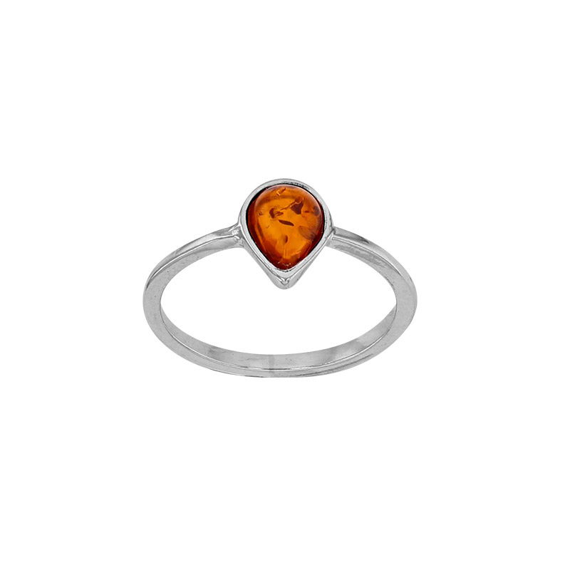 Bague forme goutte, ambre cognac sertie clos en argent 925/1000 rhodié