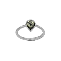 Bague forme goutte, ambre verte sertie clos en argent 925/1000 rhodié