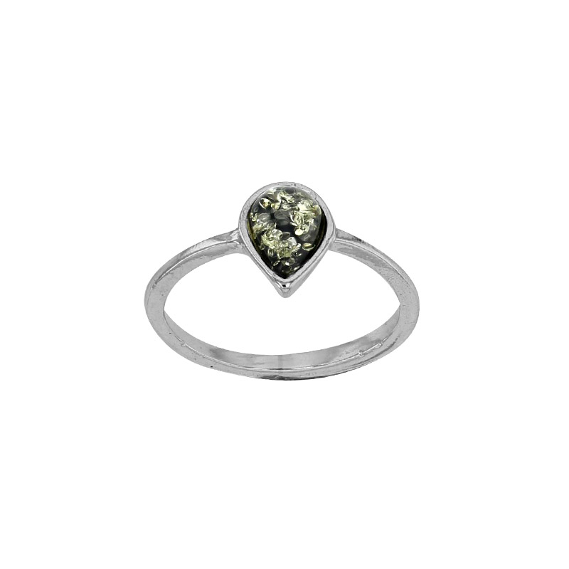 Bague forme goutte, ambre verte sertie clos en argent 925/1000 rhodié