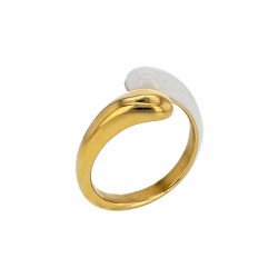 Bague forme goutte en émail blanc et acier doré