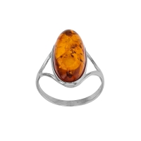 Bague forme grand ovale, ambre cognac en argent 925/1000 rhodié