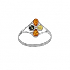 Bague forme losange, 4 ambres cognac, gris et miel en argent 925/1000 rhodié