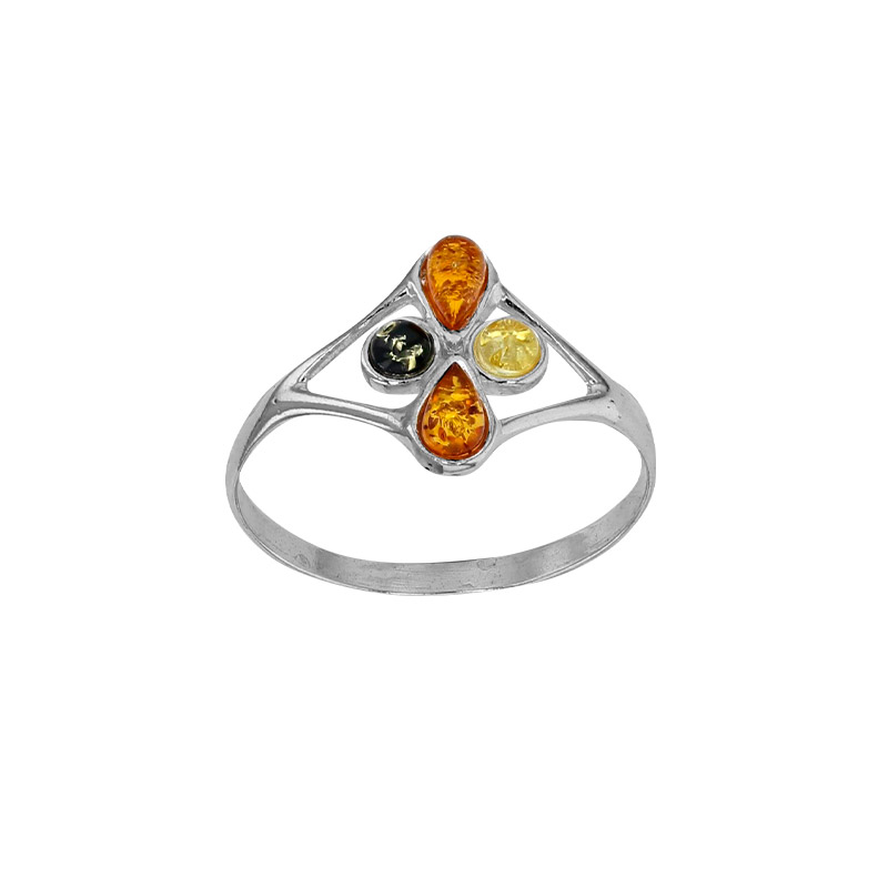 Bague forme losange, 4 ambres cognac, gris et miel en argent 925/1000 rhodié