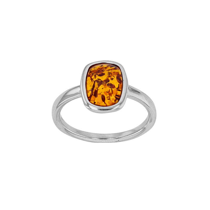 Bague forme rectangle serti clos ambre cognac, argent 925/1000 rhodié