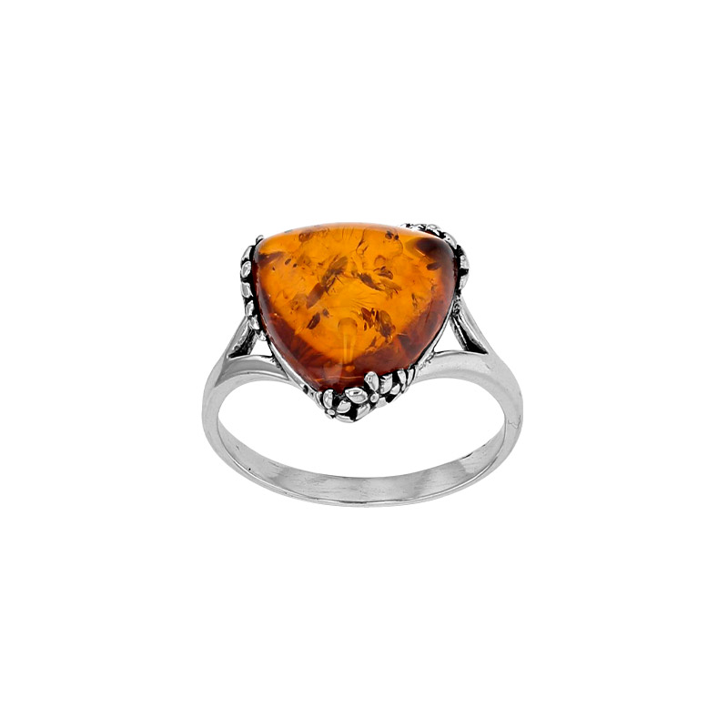 Bague forme triangle, ambre cognac en argent 925/1000 vieilli