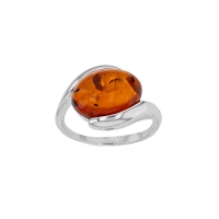 Bague grand ambre cognac forme amande entrelacé, argent 925/1000 rhodié