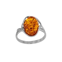 Bague grand ambre cognac ovale plat, corps torsadé en argent 925/1000 rhodié