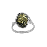 Bague grand ambre vert ovale plat, corps torsadé en argent 925/1000 rhodié