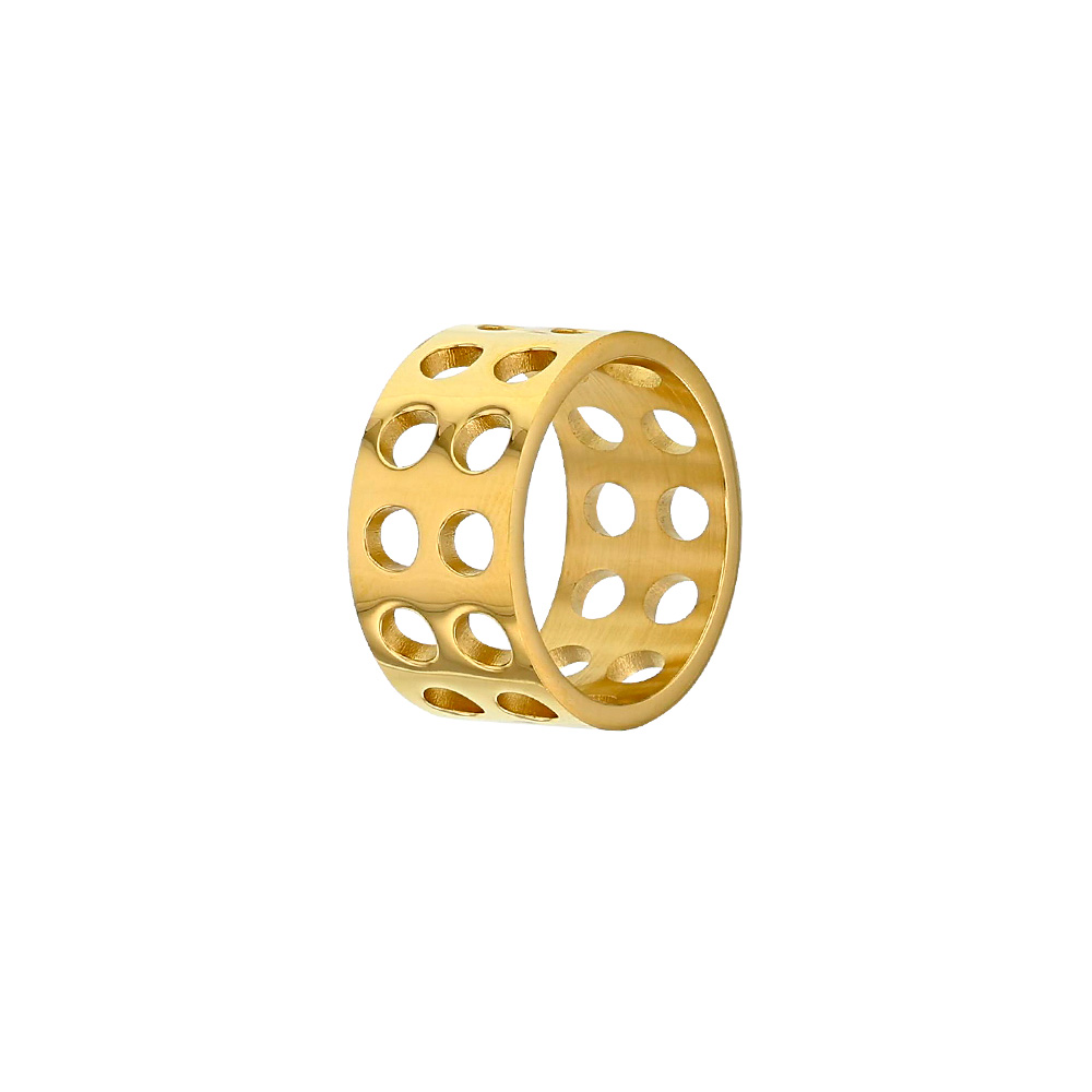 Bague homme acier doré avec motifs ronds découpés