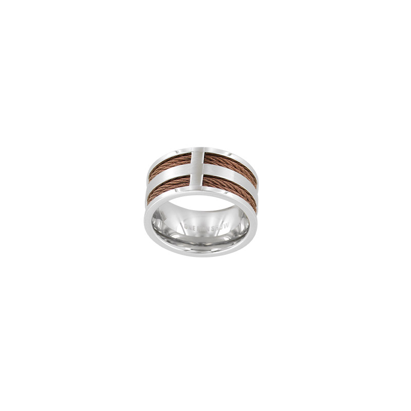 Bague large acier et câble couleur chocolat