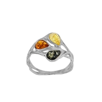 Bague large ajourée, 3 ambres cognac, gris et miel forme goutte, argent 925/1000 rhodié
