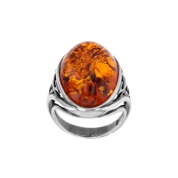 Bague large ajourée à motif, ambre cognac en argent 925/1000 vieilli