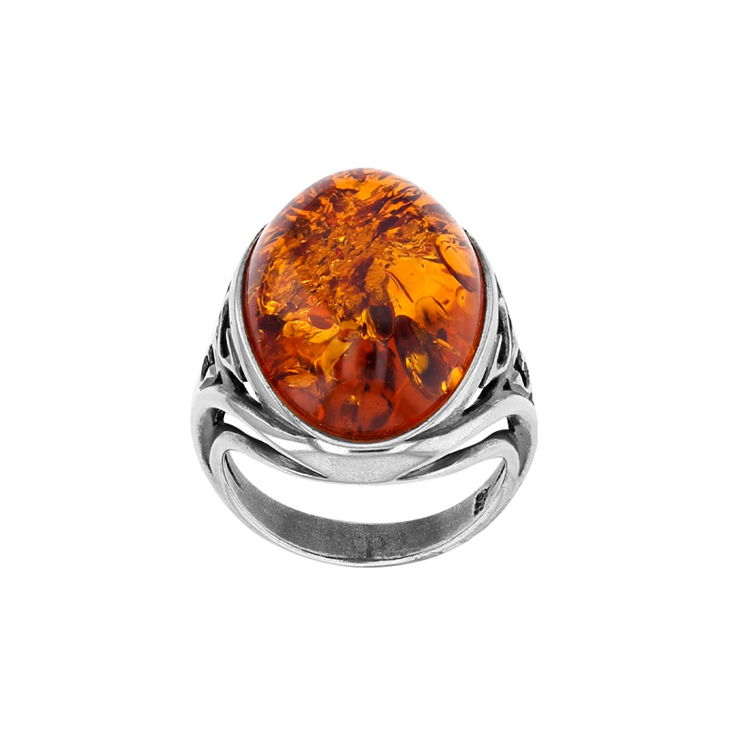 Bague large ajourée à motif, ambre cognac en argent 925/1000 vieilli