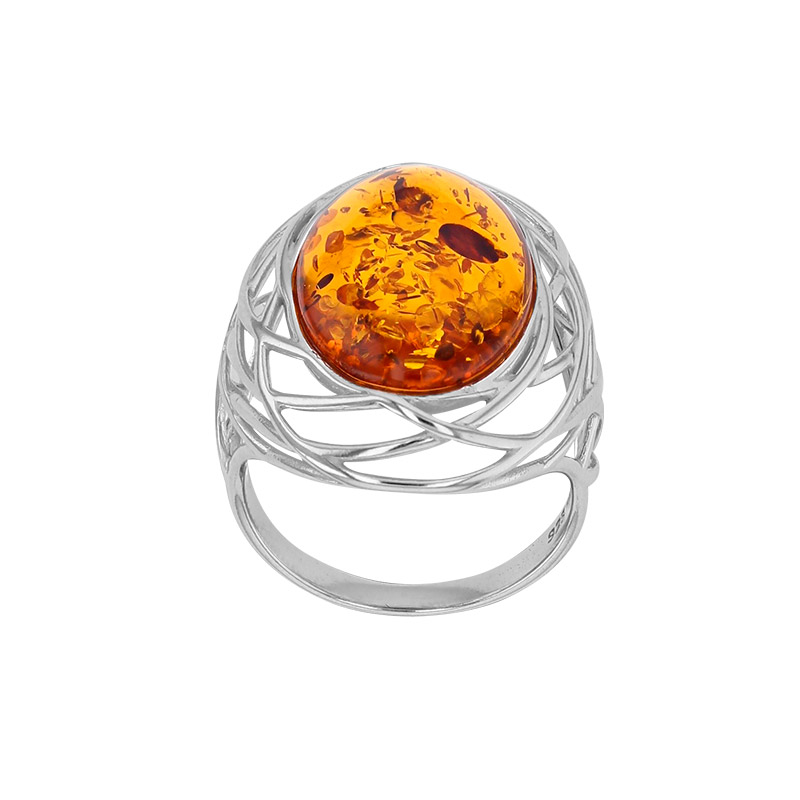 Bague large ajourée, ambre cognac en argent 925/1000 rhodié