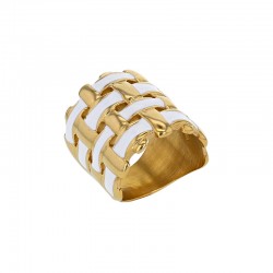 Bague large entrelacée en émail noir et acier doré