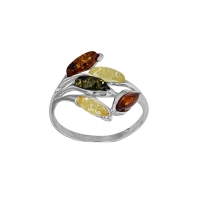 Bague large feuille ambre cognac et miel en argent 925/1000 rhodié