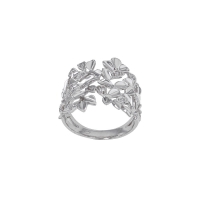 Bague large forme feuilles lisses et oxydes, argent 925/1000 rhodié