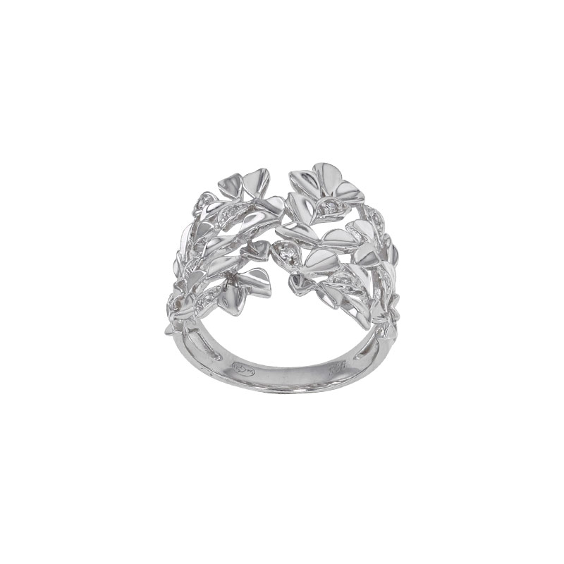 Bague large forme feuilles lisses et oxydes, argent 925/1000 rhodié