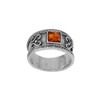 Bague large homme, motif antique ambre cognac carré en argent 925/1000 vieilli