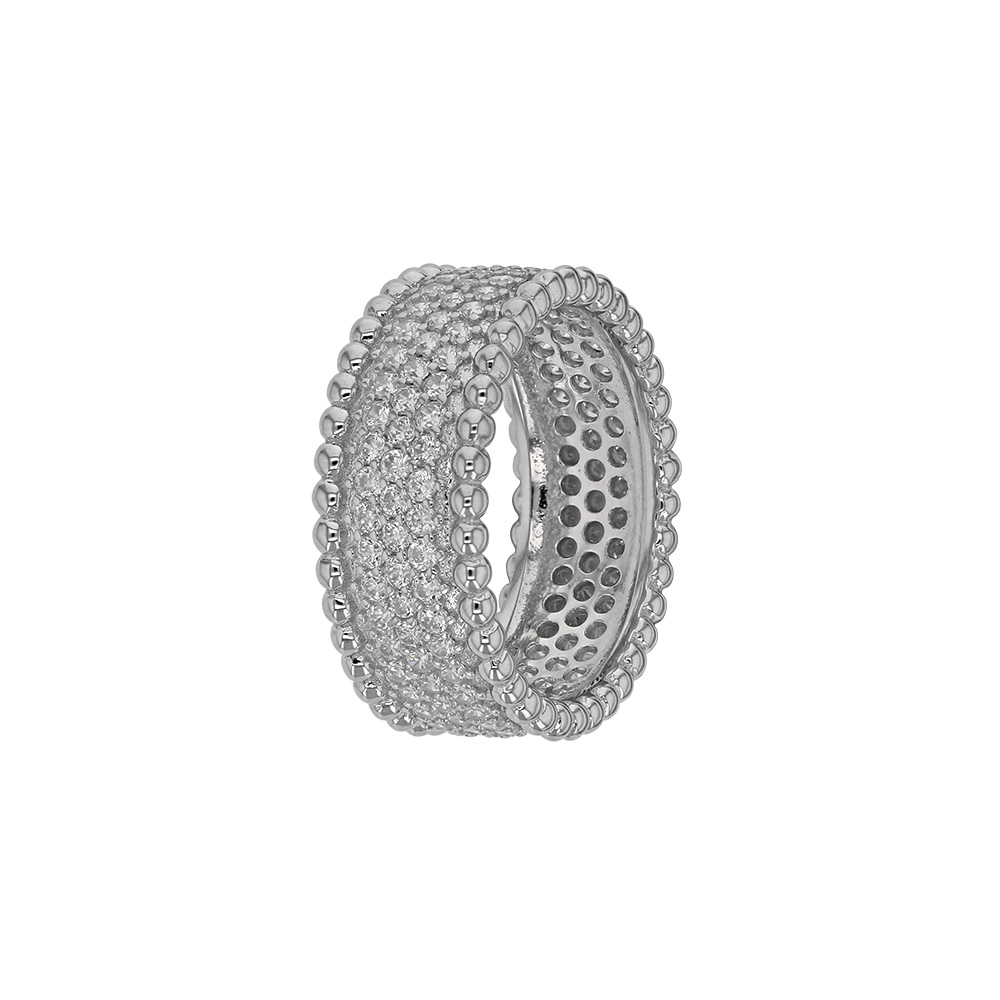 Bague large 3 lignes d'oxydes de zirconium et 2 lignes boules en argent rhodié 925/1000