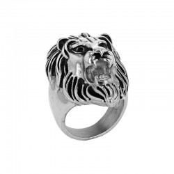 Bague large motif tête de lion en acier