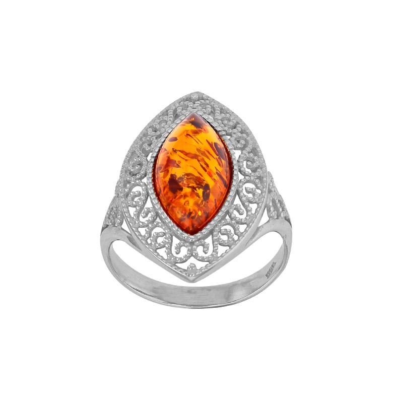 Bague losange ajourée et perlée, ambre cognac en argent 925/1000 rhodié