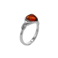 Bague losange forme goutte ambre cognac, argent 925/1000 rhodié