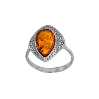 Bague losange motif antique ambre cognac, argent 925/1000 rhodié