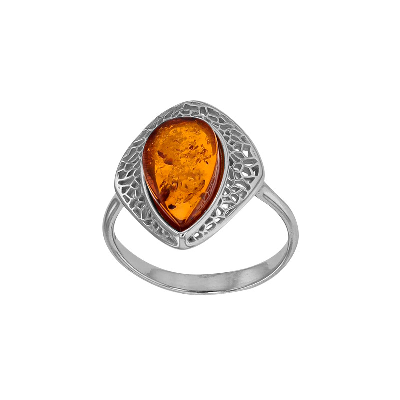 Bague losange motif antique ambre cognac, argent 925/1000 rhodié